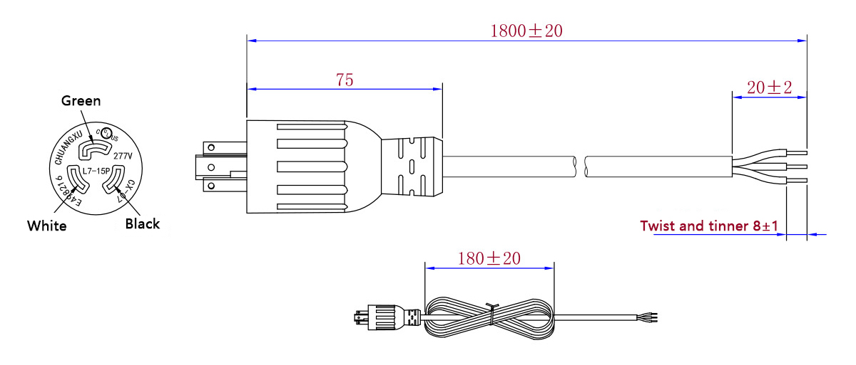 7-15P US-style 3pin plug power cable