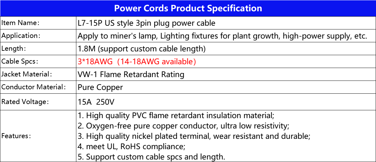 7-15P US-style 3pin plug power cable spcs