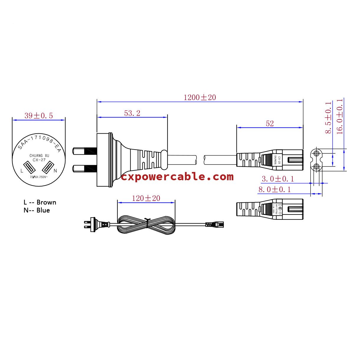 AUS style 2pin plug SAA certified + figure 8 tail plug power cable