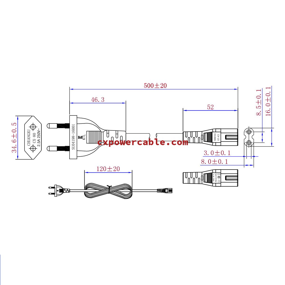 South Korea style 2pin plug + figure 8 type tail plug power cable