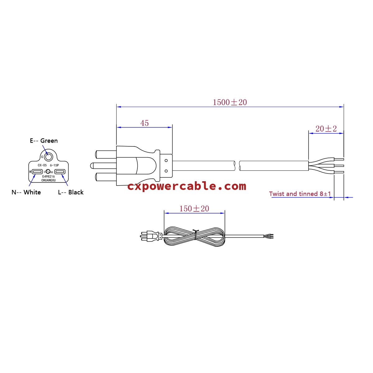 6-15P US style 3pin plug power cable